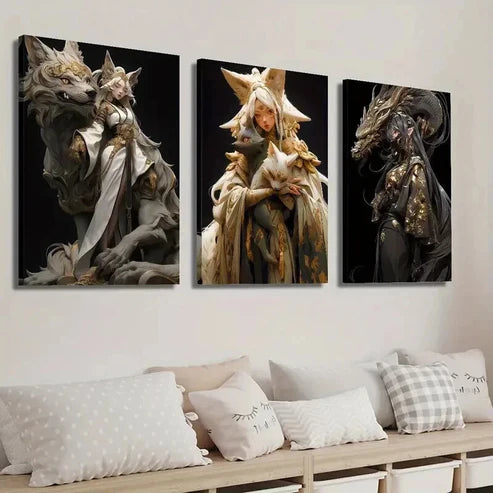3pcs Anime Fantasy Golden Female Characters Wall Art Set Canvas Unframed - High Quality Print 100% Australian Made Wall Canvas - Bella Home Decor