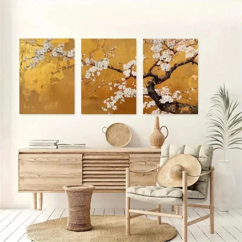 3pcs Japanese Cherry Blossom Golden Perfect Wall Art Set Canvas Framed 50x70cm - High Quality Print 100% Australian Made Wall Canvas Ready to Hang