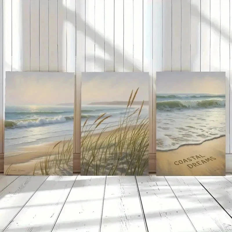 3pcs Beach Waves & Pampas Grass Wall Art Set Canvas Framed 60x90cm - High Quality Print 100% Australian Made Wall Canvas Ready to Hang - Bella Home Decor