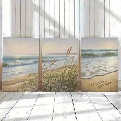 3pcs Beach Waves & Pampas Grass Wall Art Set Canvas Framed 60x90cm - High Quality Print 100% Australian Made Wall Canvas Ready to Hang - Bella Home Decor