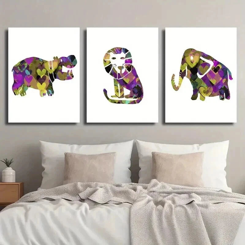 3pcs Abstract Hippo Lion Zebra Elephant Wall Art Set Canvas Framed 50x70cm - High Quality Print 100% Australian Made Wall Canvas Ready to Hang