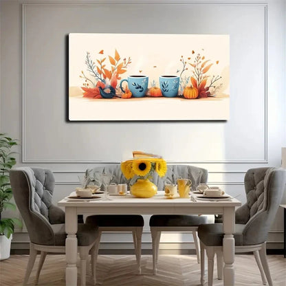Blue Patterned Cups With Autumn Wall Art Canvas Office Home Room Framed 120x60cm
