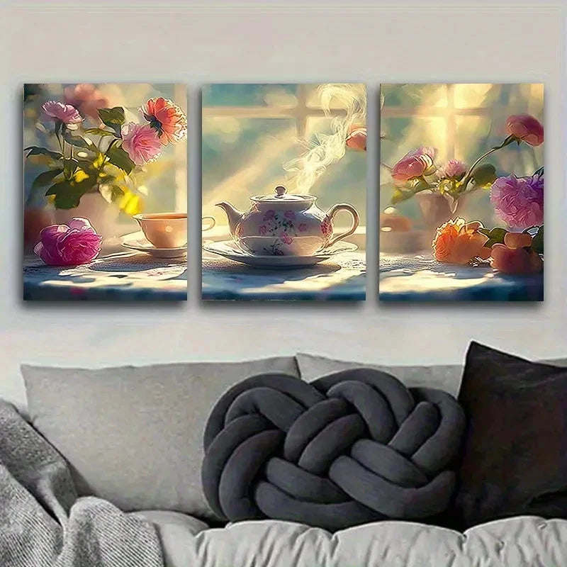 3pcs Morning Tea with Roses Wall Art Set Canvas Framed 50x70cm - High Quality Print 100% Australian Made Wall Canvas Ready to Hang