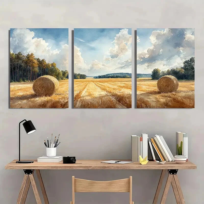 3pcs Haystacks Watercolor Painting Farmhouse Metal Print Ready to Hang Art - Bella Home Decor