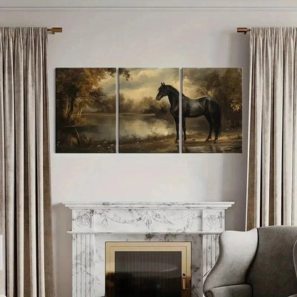 3pcs Black Horse Serene Lake & Autumn Trees Wall Art Set Canvas Framed 50x70cm - High Quality Print 100% Australian Made Wall Canvas Ready to Hang - Bella Home Decor