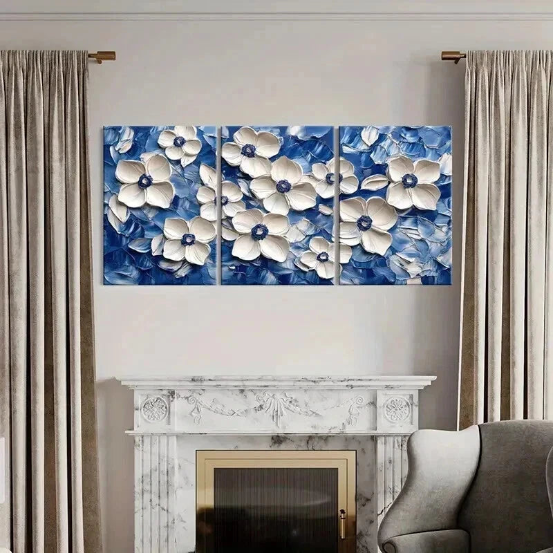 3pcs White Flowers on Blue Abstract Oil Painting Wall Art Set Canvas Framed 60x90cm - High Quality Print 100% Australian Made Wall Canvas Ready to Hang - Bella Home Decor