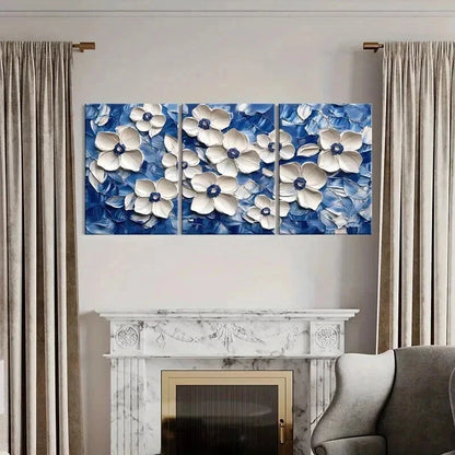 3pcs White Flowers on Blue Abstract Oil Painting Wall Art Set Canvas Framed 60x90cm - High Quality Print 100% Australian Made Wall Canvas Ready to Hang - Bella Home Decor