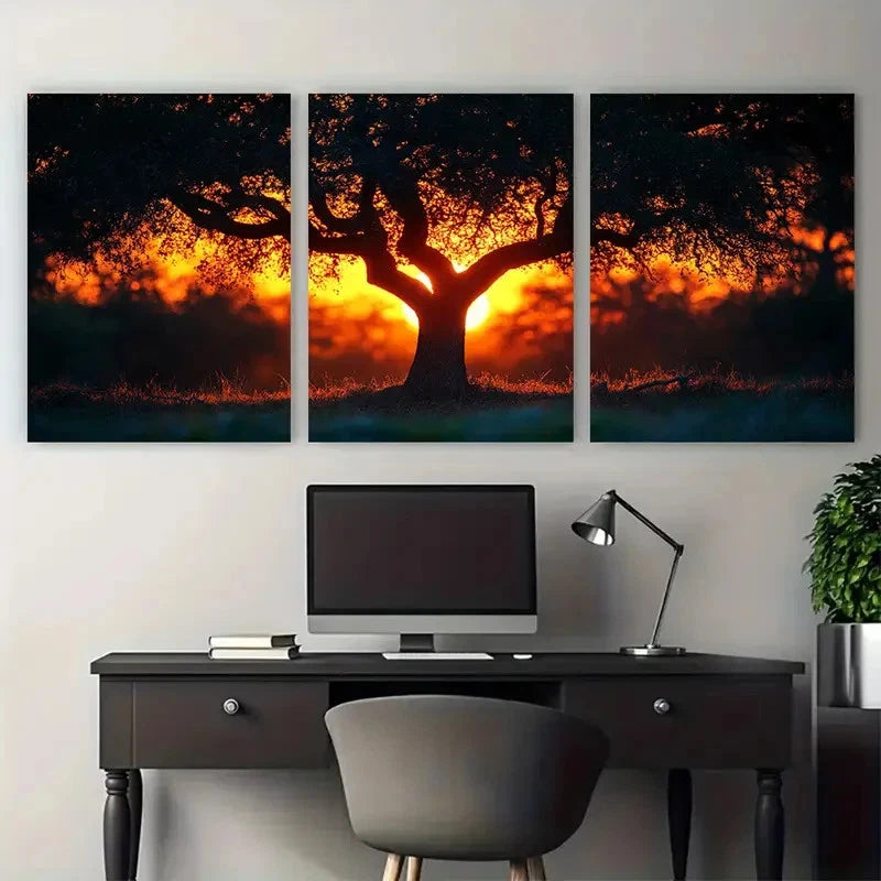 3pcs Sunset Through Tree Shadow  Wall Art Set Canvas Framed 60x90cm - High Quality Print 100% Australian Made Wall Canvas Ready to Hang