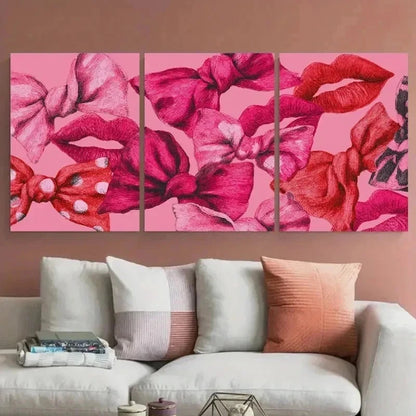 3pcs Girly Coquette Bows Retro Kiss Lips Perfect Wall Art Set Canvas Framed 60x90cm - High Quality Print 100% Australian Made Wall Canvas Ready to Hang - Bella Home Decor