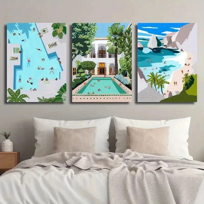 3pcs Vibrant Moroccan Swimming Pool Perfect Wall Art Set Canvas Framed 60x90cm - High Quality Print 100% Australian Made Wall Canvas Ready to Hang - Bella Home Decor