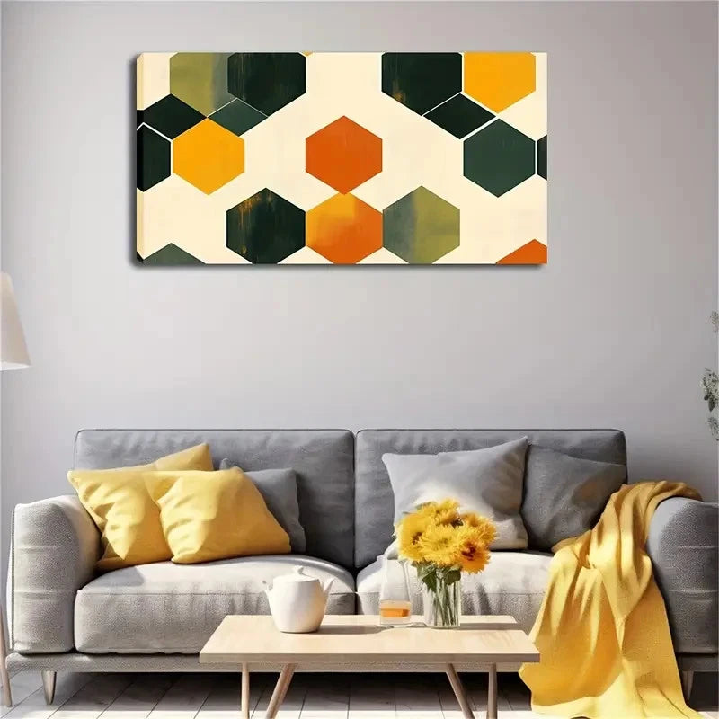 Vibrant Hexagon Pattern Green Wall Art Canvas Office Home Room Framed 120x60cm