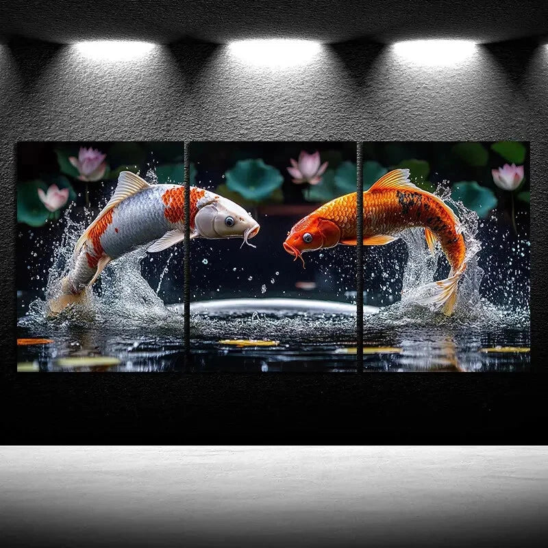 3pcs Golden Koi Fish and Lotus Pond Metal Print Ready to Hang Art - Bella Home Decor