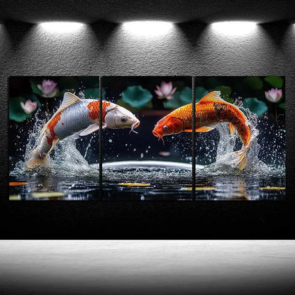 3pcs Golden Koi Fish and Lotus Pond Metal Print Ready to Hang Art - Bella Home Decor