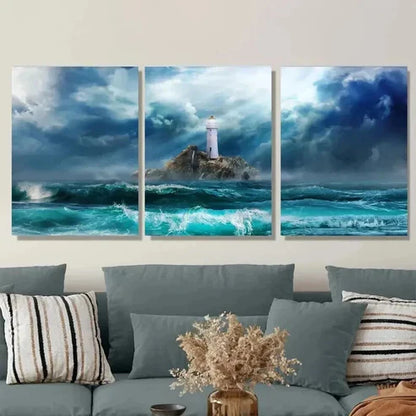 3pcs Ocean Storm Lighthouse Painting Wall Art Set Canvas Unframed - High Quality Print 100% Australian Made Wall Canvas