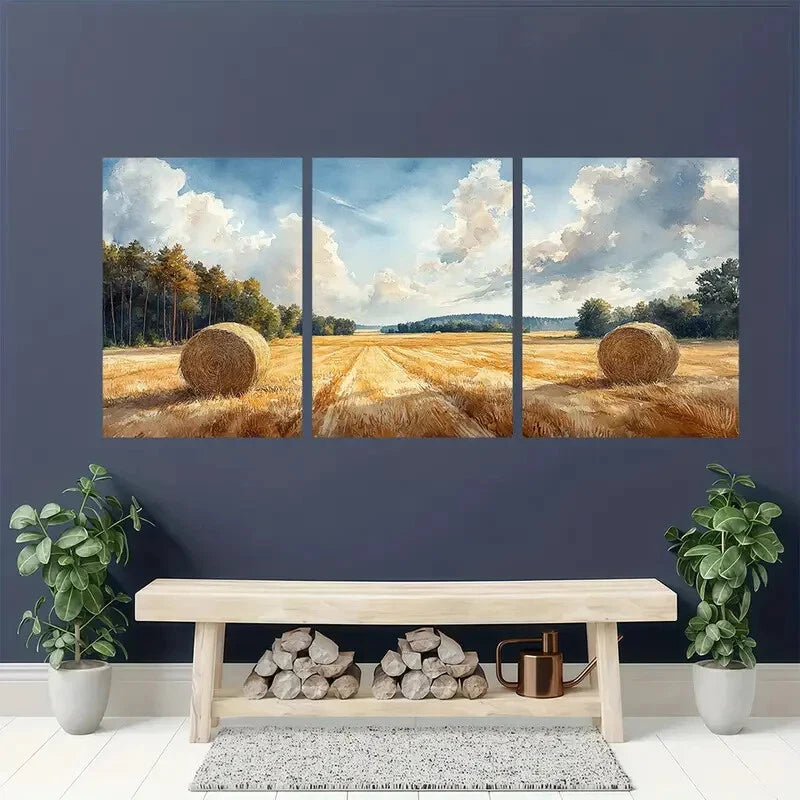 3pcs Haystacks Watercolor Painting Farmhouse Metal Print Ready to Hang Art - Bella Home Decor