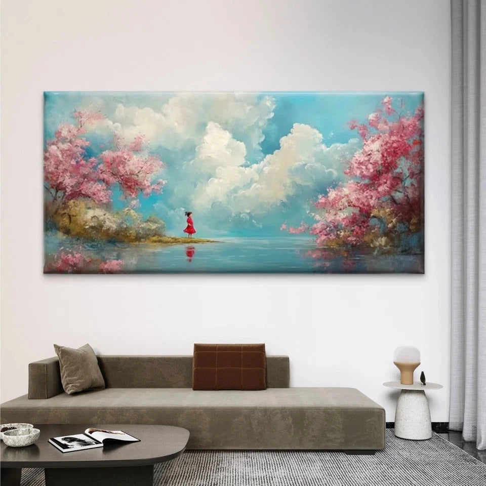River Landscape with Pink Petal Wall Art Canvas Office Home Room Framed 120x60cm