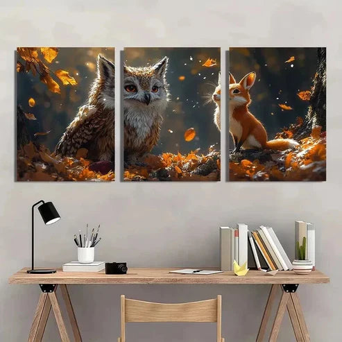3pcs Rustic Owl & Rabbit in Autumn Scene Wall Art Canvas Unframed - High Quality Print 100% Australian Made Wall Canvas