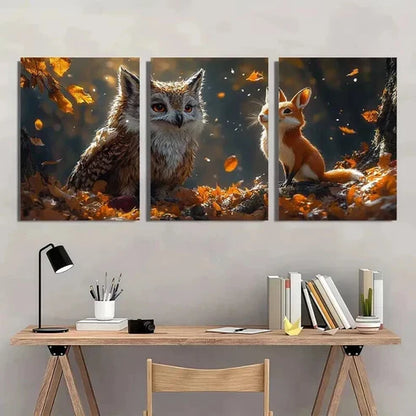 3pcs Rustic Owl & Rabbit in Autumn Scene Wall Art Canvas Unframed - High Quality Print 100% Australian Made Wall Canvas