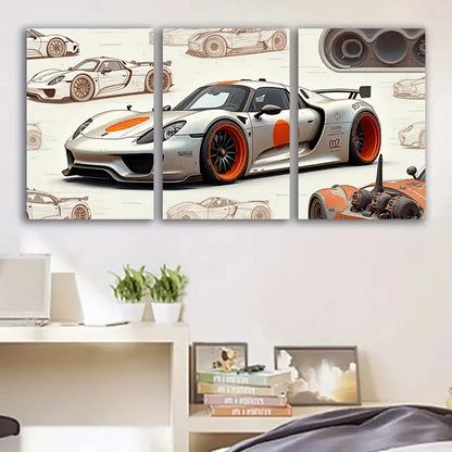 3pcs White And Orange Racing Car Illustrations Wall Art Set Canvas Framed 50x70cm - High Quality Print 100% Australian Made Wall Canvas Ready to Hang