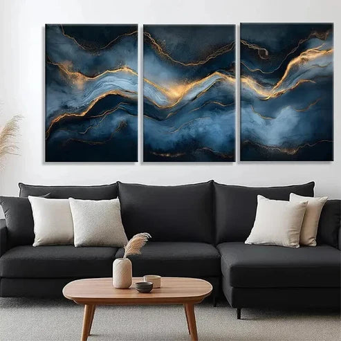3pcs Abstract Blue and Golden Marble-Inspired Wall Art Canvas Unframed - High Quality Print 100% Australian Made Wall Canvas