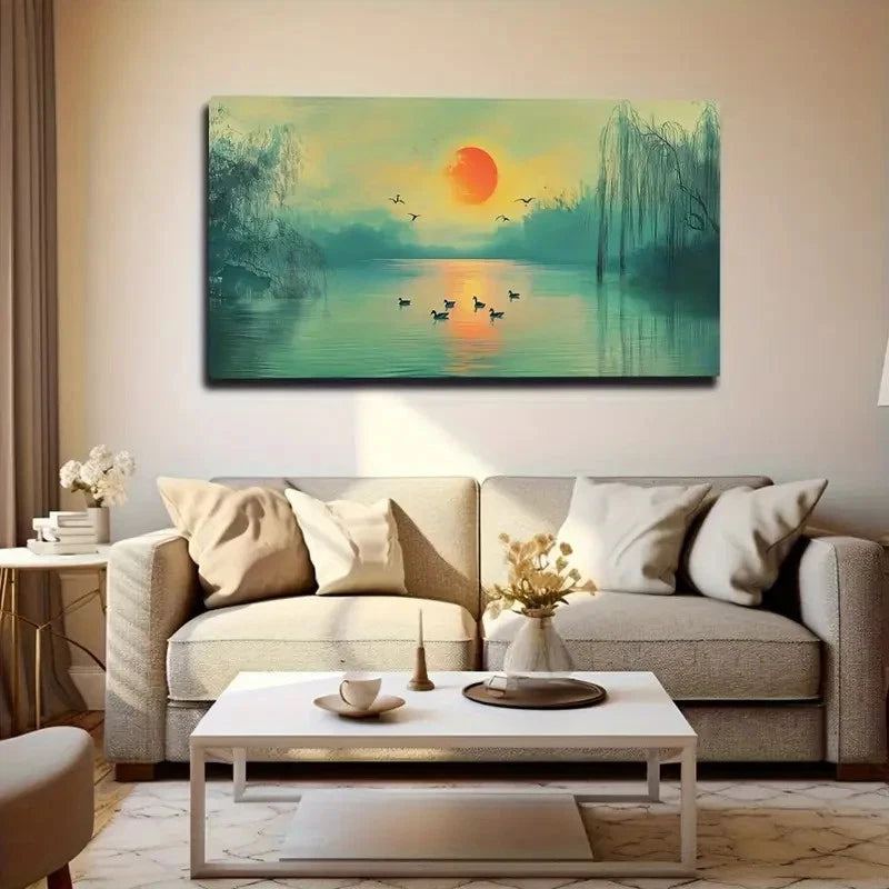 Serene Sunset Lake With Ducks Wall Art Canvas Office Home Room Framed 120x60cm