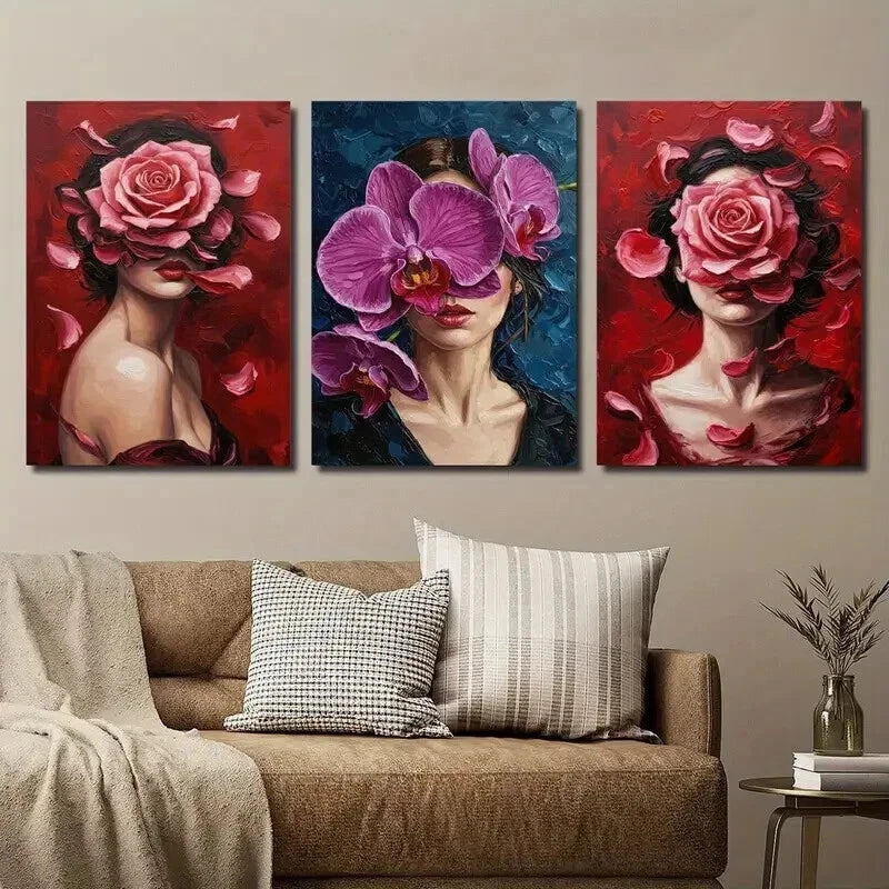 3pcs Colorful Botanical Floral Girl Deco Perfect Wall Art Set Canvas Framed 50x70cm - High Quality Print 100% Australian Made Wall Canvas Ready to Hang - Bella Home Decor