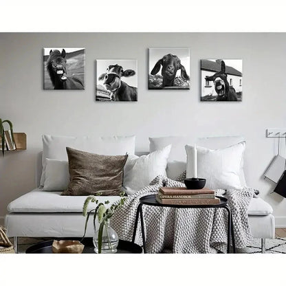 4pcs Cattle Goats Horse Donkey Sheep Funny Decor Wall Art Canvas Framed