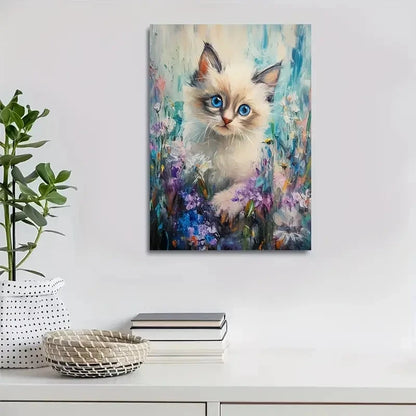 Cute Ragdoll Kitten with Flowers & Plants Painting 40x60cm Metal Print Ready to Hang - Bella Home Decor