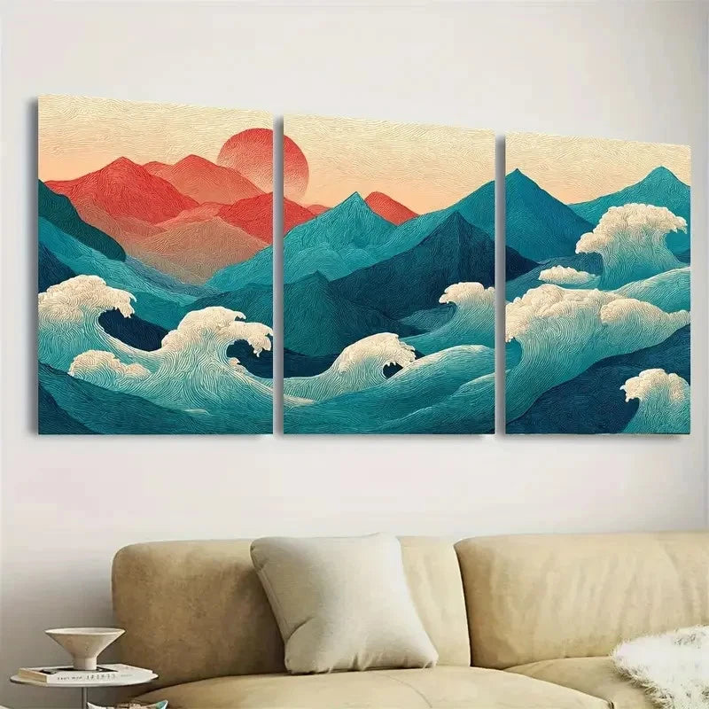 3pcs Ocean Waves And Mountains Art Wall Art Set Canvas Framed 60x90cm - High Quality Print 100% Australian Made Wall Canvas Ready to Hang