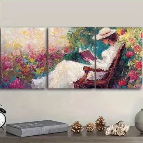 3pcs Elegant Woman Reading Beauty Nature Perfect Wall Art Set Canvas Unframed - High Quality Print 100% Australian Made Wall Canvas