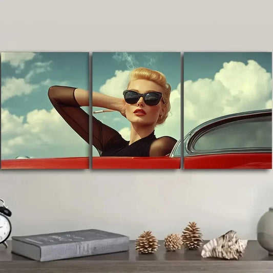 3pcs a Woman in Black Glasses Leaning Wall Art Set Canvas Framed 50x70cm - High Quality Print 100% Australian Made Wall Canvas Ready to Hang