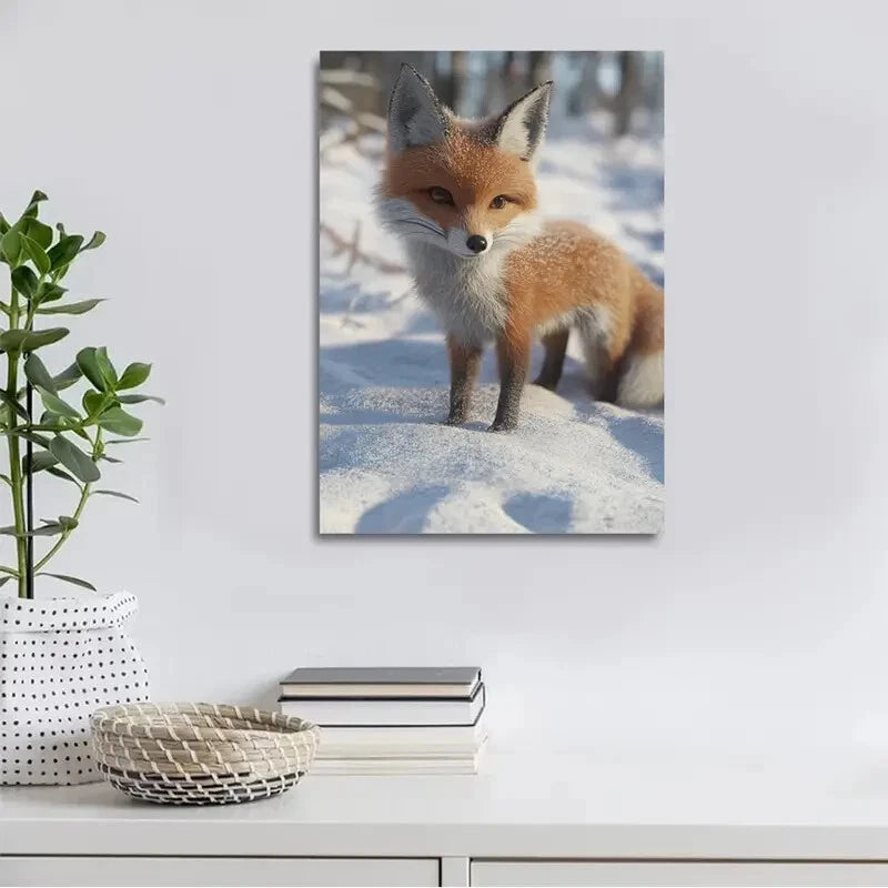 Snow Red Fox On The Snow Painting 40x60cm Metal Print Ready to Hang - Bella Home Decor