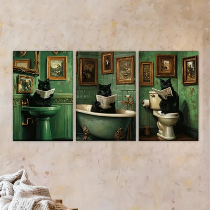 3pcs Whimsical Cat Bathroom Wall Art Set Canvas Framed 40x60cm - High Quality Print 100% Australian Made Wall Canvas Ready to Hang - Bella Home Decor