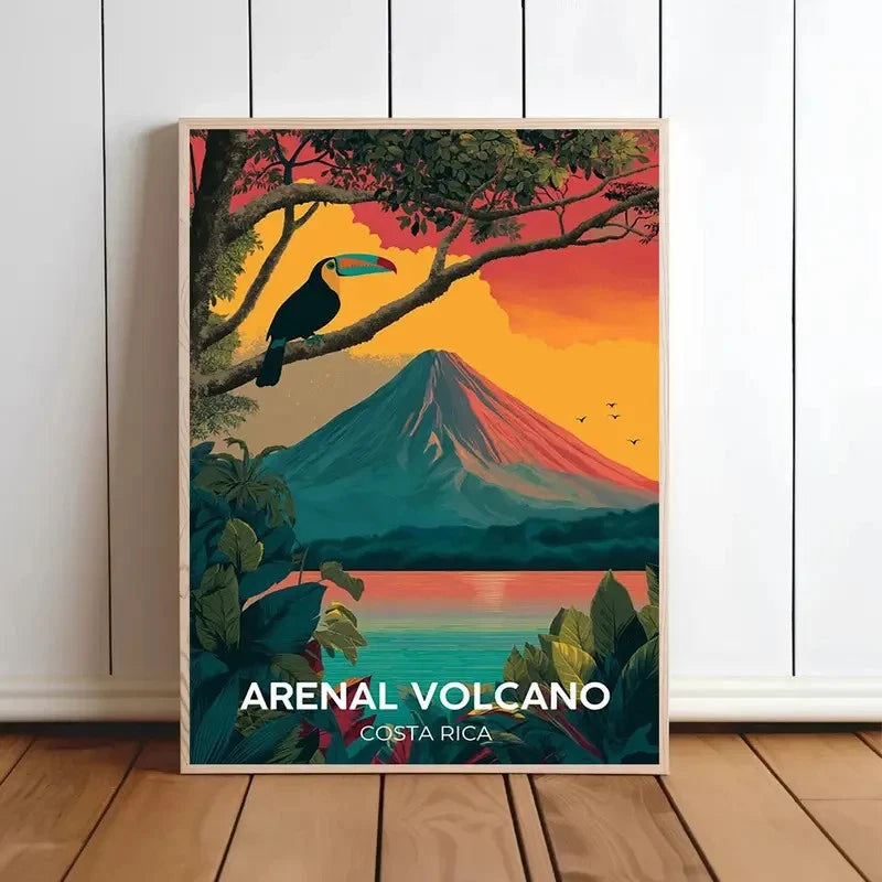 Arenal Volcano Costa Rica Vibrant Tropical Sunset Travel Poster Print Wall Art