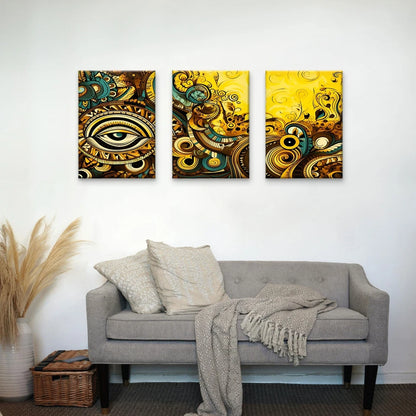 3pcs Gold and Yellow Abstract Eye Indian Art Wall Art Set Canvas Framed 50x70cm - High Quality Print 100% Australian Made Wall Canvas Ready to Hang