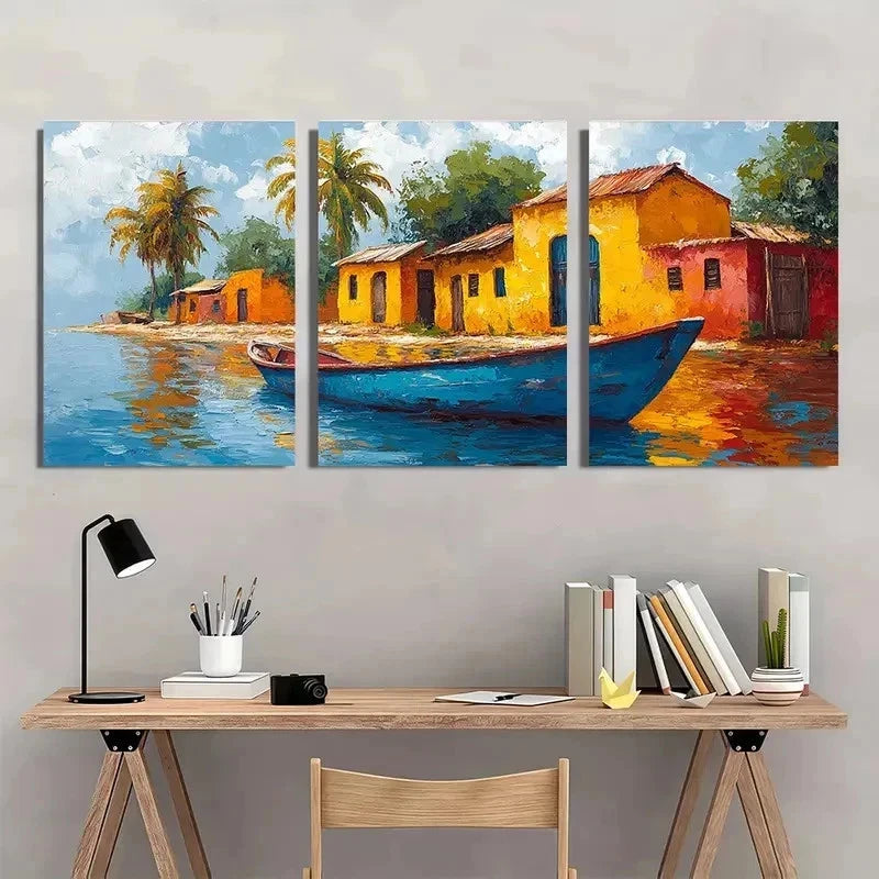 3pcs Village Landscape Impasto Perfect Wall Art Set Canvas Framed 60x90cm - High Quality Print 100% Australian Made Wall Canvas Ready to Hang