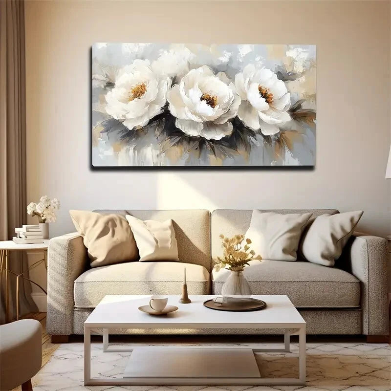 Three Blooming White Peonies Wall Art Canvas Office Home Room Framed 120x60cm - Bella Home Decor