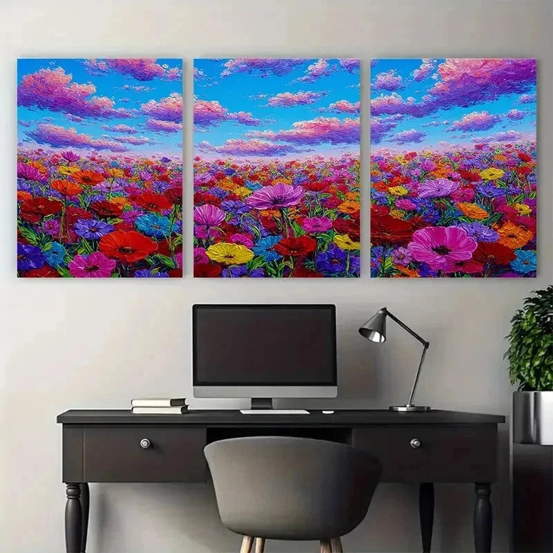 3pcs  Colorful Flower Field Painting Perfect Wall Art Set Canvas Framed 50x70cm - High Quality Print 100% Australian Made Wall Canvas Ready to Hang - Bella Home Decor