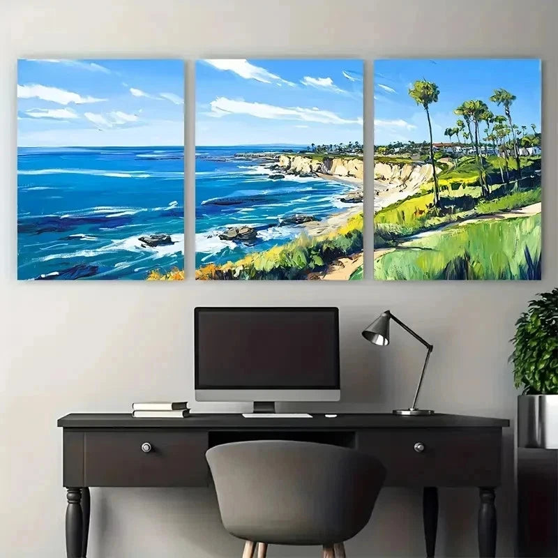 3pcs Vibrant Blue Ocean & Cliffs Lands Perfect Wall Art Set Canvas Framed 50x70cm - High Quality Print 100% Australian Made Wall Canvas Ready to Hang