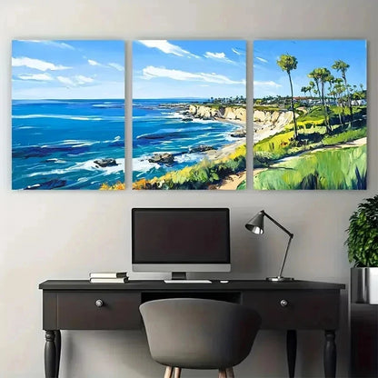 3pcs Vibrant Blue Ocean & Cliffs Lands Perfect Wall Art Set Canvas Framed 50x70cm - High Quality Print 100% Australian Made Wall Canvas Ready to Hang
