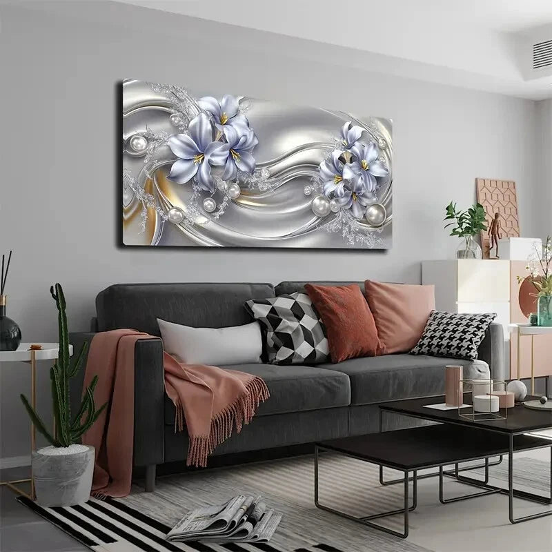 Light Blue Flowers Golden Wall Art Canvas Office Home Room Framed 120x60cm - Bella Home Decor