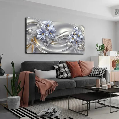 Light Blue Flowers Golden Wall Art Canvas Office Home Room Framed 120x60cm - Bella Home Decor