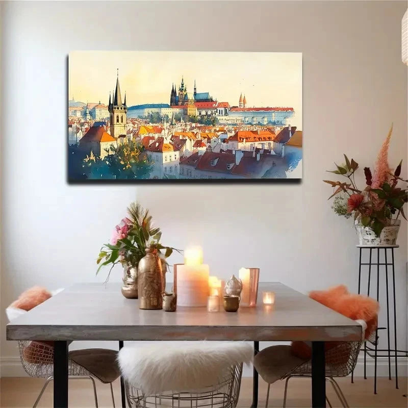 Red Roof And White Building Wall Art Canvas Office Home Room Framed 120x60cm