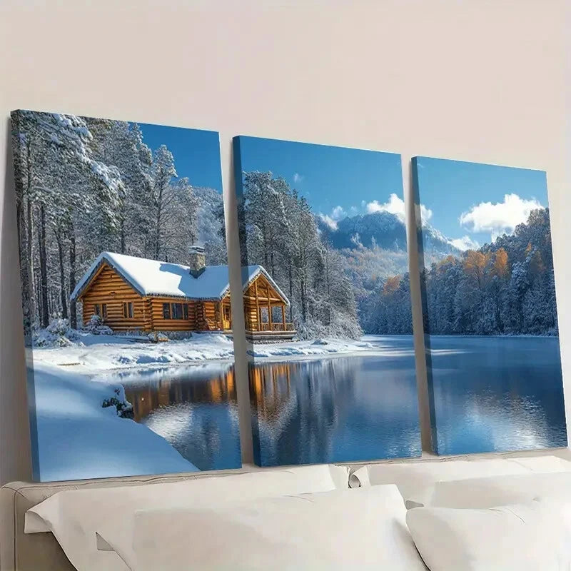 3pcs Rustic Christmas Cabin Winter Scene Wall Art Set Canvas Framed 50x70cm - High Quality Print 100% Australian Made Wall Canvas Ready to Hang