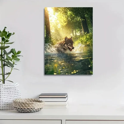 Cartoon Style Wolf Splashing In Water Painting 40x60cm Metal Print Ready to Hang - Bella Home Decor