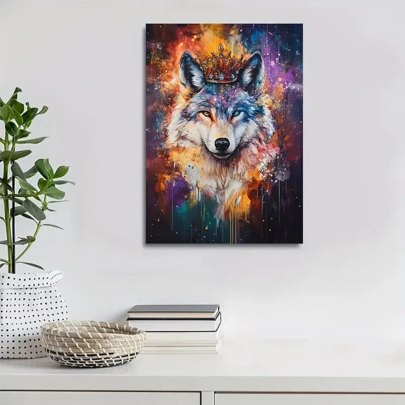 Beautiful Stardust Wolf with Crown Vibrant Painting  40x60cm Metal Print Ready to Hang - Bella Home Decor