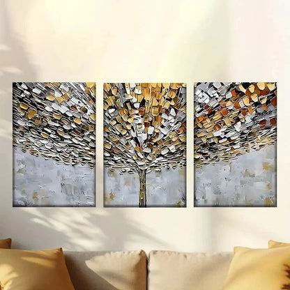 3pcs Vibrant Abstract Tree with Golden Leaves Wall Art Set Canvas Framed 60x90cm - High Quality Print 100% Australian Made Wall Canvas Ready to Hang