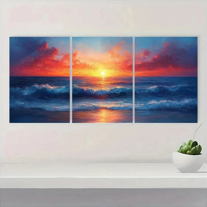 3pcs Sunset Seascape Textured Ocean Painting Metal Print Ready to Hang Art - Bella Home Decor