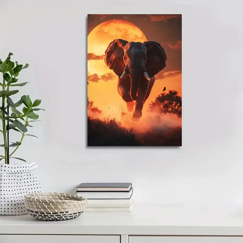 Cyberpunk Elephant Sunset Scene Vibrant Painting 40x60cm Metal Print Ready to Hang - Bella Home Decor