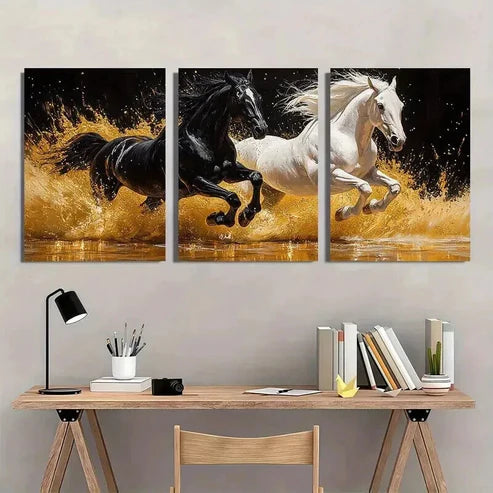 3pcs Black & White Horses with Golden Accents Wall Art Canvas Unframed - High Quality Print 100% Australian Made Wall Canvas - Bella Home Decor